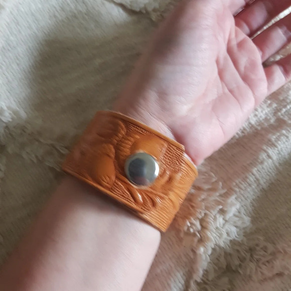 Lue Handmade Leather Cuff  brown western boho tooled leather 8.5” Bracelet - Picture 2 of 4